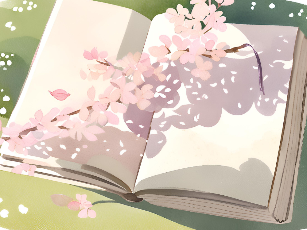 japanese novels illustration with books turning into cherry blossoms