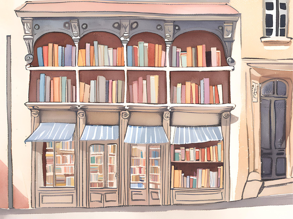 watercolor illustration of books set in france